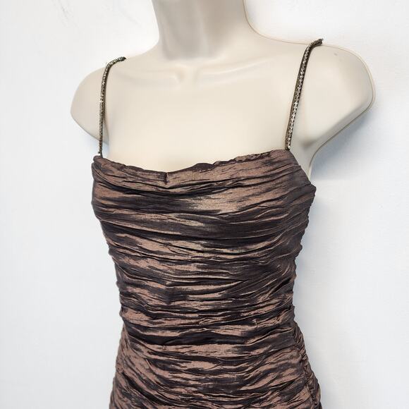 Vintage Ruched Crinkled Bodycon Cocktail Mini Dress Size M Dark Brown Ariella - Picture 2 of 15